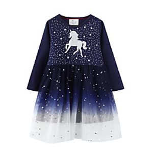 Kids Little Girls' Dress Unicorn A Line Dress Mesh Print Black Cotton Midi Long Sleeve Casual Sweet Dresses Fall Regular Fit 2-8 Years miniinthebox
