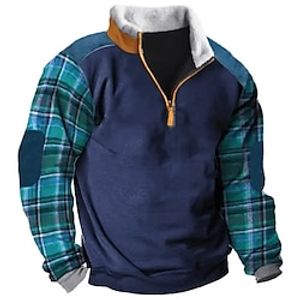 Men's Sweatshirt Quarter Zip Sweatshirt Navy Blue Half Zip Plaid Patchwork Sports  Outdoor Daily Holiday Streetwear Casual Thin fleece Fall  Winter Clothing Apparel Hoodies Sweatshirts  Lightinthebox