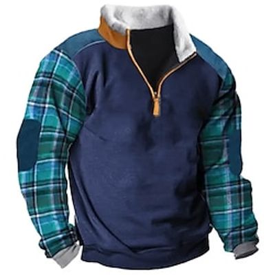 Men's Sweatshirt Quarter Zip Sweatshirt Navy Blue Half Zip Plaid Patchwork Sports  Outdoor Daily Holiday Streetwear Casual Thin fleece Fall  Winter Clothing Apparel Hoodies Sweatshirts  Lightinthebox