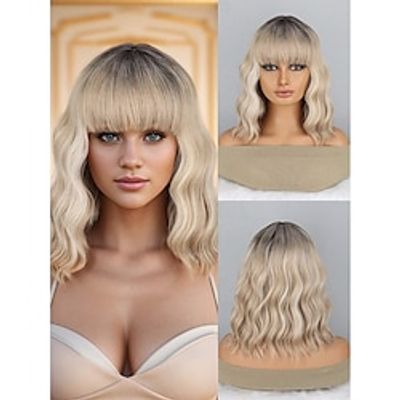 Brown, Black, Gold, Light Brown Mixed Color Short Curly Wavy Synthetic Hair Wig With Bangs Lightinthebox