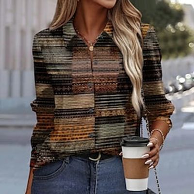 Women's Shirt Blouse Blue Brown Green Color Block Button Print Long Sleeve Casual Fashion Shirt Collar Regular Fit Spring   Fall Lightinthebox