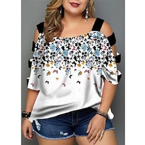 Women's Plus Size Tops Blouse Shirt Floral Butterfly Cut Out Print Half Sleeve V Neck Streetwear Daily Going out Polyester Spring Summer White Black miniinthebox