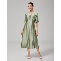 Reverse Pleat V-Neck Dolman Sleeve Dress