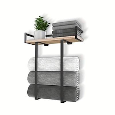 1pc Towel Racks For Bathroom Wall Mounted, Metal Towel Holder With Wooden Shelf For Folding Large Towels, Towel Storage For Small Bathroom Organizer Decor Or RV Camping, Black Lightinthebox