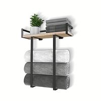 1pc Towel Racks For Bathroom Wall Mounted, Metal Towel Holder With Wooden Shelf For Folding Large Towels, Towel Storage For Small Bathroom Organizer Decor Or RV Camping, Black Lightinthebox - thumbnail