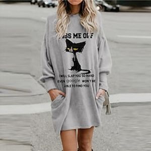 Women's Shift Dress Short Mini Dress Gray Long Sleeve Cat Letter Animal Pocket Print Fall Winter Hooded Casual 2022 S M L XL XXL 3XL Lightinthebox