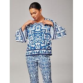 Women's Blue and White Porcelain Print Satin Pullover Round Neck Placement Print High Low Hem Elegant Stylish Casual Daily Fall