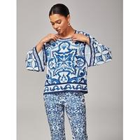Women's Blue and White Porcelain Print Satin Pullover Round Neck Placement Print High Low Hem Elegant Stylish Casual Daily Fall