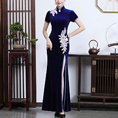 Sheath  Column Chinese Style Vintage Wedding Guest Formal Evening Dress High Neck Short Sleeve Ankle Length Velvet with Slit Appliques 2022 Lightinthebox