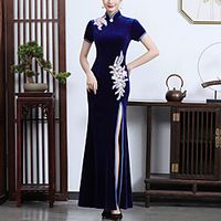 Sheath  Column Chinese Style Vintage Wedding Guest Formal Evening Dress High Neck Short Sleeve Ankle Length Velvet with Slit Appliques 2022 Lightinthebox - thumbnail