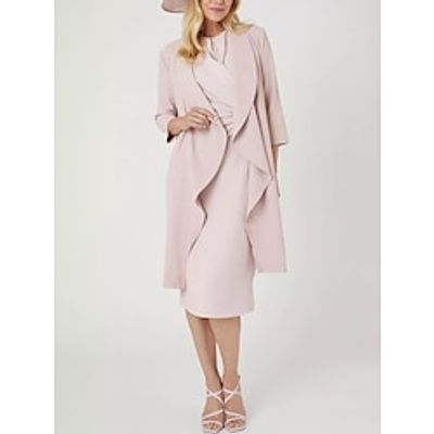 Two Piece Mother of the Bride Dress Wedding Guest Elegant Petite Jewel Neck Knee Length Stretch Chiffon 34 Length Sleeve with Split Front Ruching Solid Color 2023 Lightinthebox
