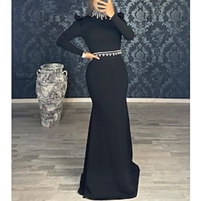 Mermaid Black Dress Evening Gown Elegant Dress Formal Masquerade Floor Length Long Sleeve High Neck  Stretch Fabric with Rhinestone 2023 Lightinthebox