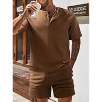 Men's Waffle Henley Shirt T-shirt Suits Tracksuit Tennis Shirt Shorts and T Shirt Set Solid Color Henley Daily Wear Vacation Short Sleeves 2 Piece Clothing Apparel Gymnatics Casual Lightinthebox