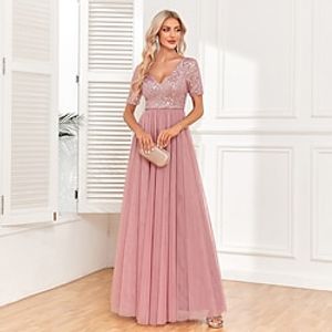 Women's Sequin Dress Party Dress Cocktail Dress Long Dress Maxi Dress Pink Short Sleeve Pure Color Zipper Summer Spring Fall V Neck Formal Evening Party 2023 S M L XL Lightinthebox