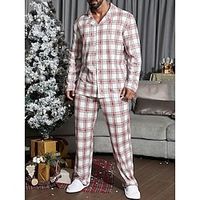 Men's Loungewear Sleepwear Pajama Set Pajama Top and Pant 2 Pieces Plaid Stylish Casual Comfort Home Daily Bed Cotton Blend Comfort Soft Lapel Long Sleeve Shirt Pant Drawstring Elastic Waist Spring Lightinthebox - thumbnail