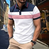 Men's Polo Shirt Golf Shirt Casual Sports Lapel Short Sleeve Basic Modern Stripes Button Spring  Summer Regular Fit White Navy Blue Polo Shirt Lightinthebox