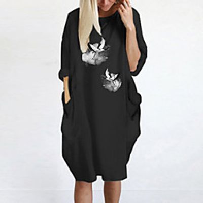 Women's T Shirt Dress Tee Dress Knee Length Dress Blue Yellow Fuchsia Gray Green White Black Long Sleeve Animal Spring Summer Round Neck Casual Oversized 2021 S M L XL XXL 3XL 4XL 5XL miniinthebox