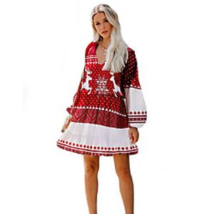 Women's A Line Dress Short Mini Dress Red Long Sleeve Print Fall V Neck Elegant Casual Christmas Slim 2021 S M L XL miniinthebox