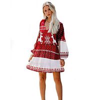 Women's A Line Dress Short Mini Dress Red Long Sleeve Print Fall V Neck Elegant Casual Christmas Slim 2021 S M L XL miniinthebox - thumbnail