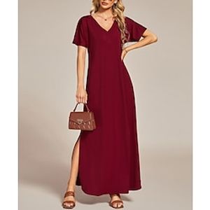 A-Line Wedding Guest Dresses Casual Dress Wedding Party Ankle Length Short Sleeve V Neck Spandex with Slit 2023 miniinthebox