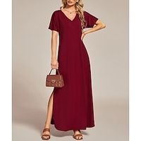 A-Line Wedding Guest Dresses Casual Dress Wedding Party Ankle Length Short Sleeve V Neck Spandex with Slit 2023 miniinthebox - thumbnail