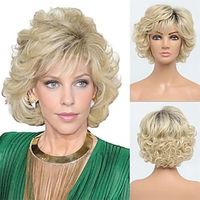 Short Blonde Curly Wigs for Old Lady Layered Curly Wig with Bangs Wavy Blonde Wig with Dark Roots Natural Synthetic Hair for Daily Party Cosplay Custume miniinthebox