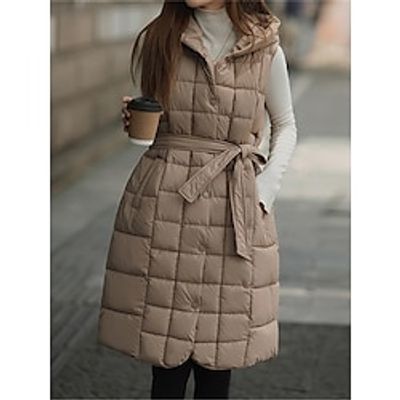 Women's Puffer Vest Long Sleeveless Parka Warm Heated Quilted Gilet Belted Winter Coat Zipper Hooded Jacket with Pocket Outerwear Fall Winter Black Lightinthebox