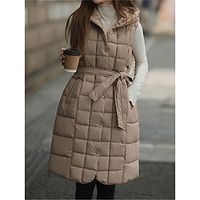 Women's Puffer Vest Long Sleeveless Parka Warm Heated Quilted Gilet Belted Winter Coat Zipper Hooded Jacket with Pocket Outerwear Fall Winter Black Lightinthebox - thumbnail