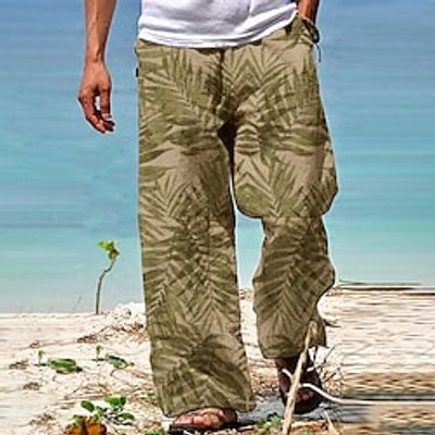 Men's Trousers Summer Pants Beach Pants Drawstring Elastic Waist 3D Print Leaf Plants Graphic Prints Comfort Casual Daily Holiday Streetwear Hawaiian Red Green Lightinthebox