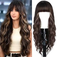 Long Brown Wavy Wig for Women 26 Inch Wigs with Bangs Natural Looking Synthetic Heat Resistant Fiber Wig for Daily Party Use (Brown Mix Blonde) miniinthebox