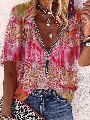 V-neck Zip Ethnic Print Short Sleeve Blouse