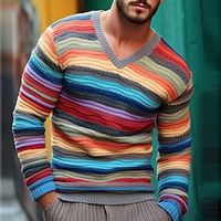 Stripe Geometry Gradient Ramp Casual Men's Knitting Print Pullover Sweater Jumper Knitwear Outdoor Daily Vacation Long Sleeve V Neck Sweaters Yellow Blue Purple Fall Winter S M L Sweaters miniinthebox - thumbnail