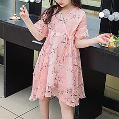 Kids Little Girls' Dress Floral Print Blushing Pink Light Blue Knee-length Short Sleeve Basic Dresses Summer Regular Fit 3-8 Years Lightinthebox