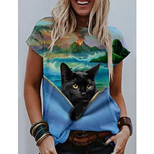 Women's 3D Cat T shirt Cat Scenery 3D Print Round Neck Basic Tops Blue miniinthebox