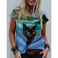 Women's 3D Cat T shirt Cat Scenery 3D Print Round Neck Basic Tops Blue miniinthebox - thumbnail