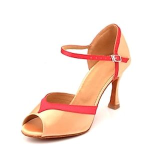 Women's Latin Shoes Dance Shoes Indoor Performance Practice Heel Splicing High Heel Peep Toe Ankle Strap Adults' Almond  Satin Lightinthebox