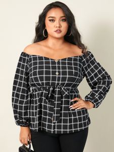 YOINS Plus Size Off The Shoulder Plaid Belt Design Long Sleeves Blouse