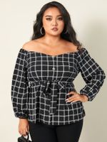 YOINS Plus Size Off The Shoulder Plaid Belt Design Long Sleeves Blouse - thumbnail