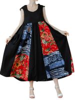 Vintage Women Patchwork Sleeveless Printed Hooded Maxi Dresses