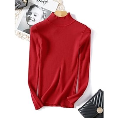Women's Pullover Sweater Jumper Stand Collar Ribbed Knit Acrylic Knitted Fall Winter Regular Outdoor Daily Going out Stylish Casual Soft Long Sleeve Pure Color Yellow Pink Wine One-Size Lightinthebox