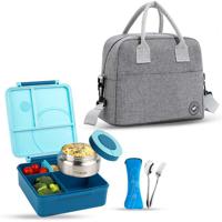 Eazy Kids Jumbo Bento Lunch Box With Grey Lunch Bag Food Jar And Cutlery - Blue