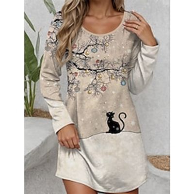 Women's Casual Dress T Shirt Dress Tee Dress Cat Print V Neck Mini Dress Streetwear Street Holiday Long Sleeve Loose Fit Khaki Spring S M L XL 2XL Lightinthebox