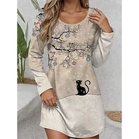Women's Casual Dress T Shirt Dress Tee Dress Cat Print V Neck Mini Dress Streetwear Street Holiday Long Sleeve Loose Fit Khaki Spring S M L XL 2XL Lightinthebox - thumbnail