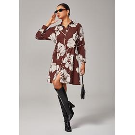 Women's Brown Floral Print Raglan Sleeves Adjustable Elastic Waistband Spun Rayon Shirt Dress
