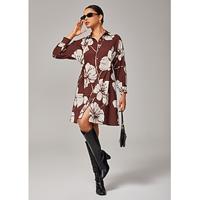 Women's Brown Floral Print Raglan Sleeves Adjustable Elastic Waistband Spun Rayon Shirt Dress