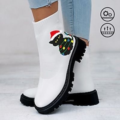 Women's Boots Xmas Shoes Sock Boots Plus Size Christmas Daily Mid Calf Boots Flat Heel Round Toe Closed Toe Fashion Casual Comfort Tissage Volant Loafer White Lightinthebox