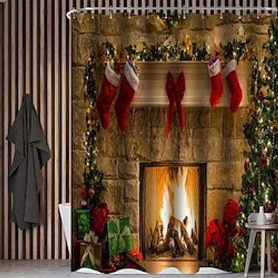 Merry Christmas Shower Curtain, Christmas Stocking Fireplace Polyester Shower Curtain, Bathroom Rug, Toilet U-Shape Mat, Toilet Lid Cover Pad, Bathroom Decor miniinthebox