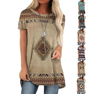 Women's T shirt Tee Maroon Red Navy Blue Graphic Plaid Patchwork Print Short Sleeve Home Casual Vintage Ethnic Round Neck Long Geometric S Lightinthebox