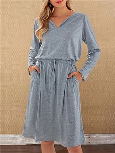 Waist Solid Color Pocket V-neck Long Sleeve Dress