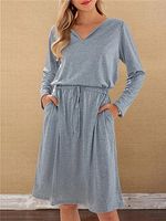 Waist Solid Color Pocket V-neck Long Sleeve Dress - thumbnail
